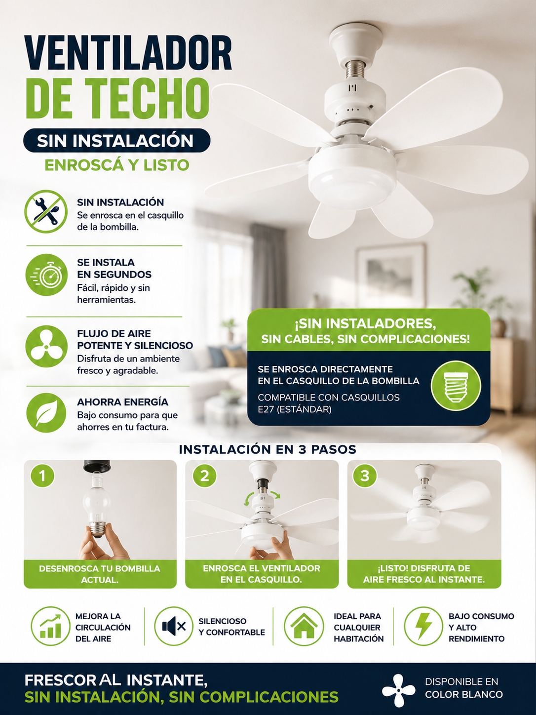 Ventilador de Techo Sin Instalación Ø47- Bajo consumo -Led