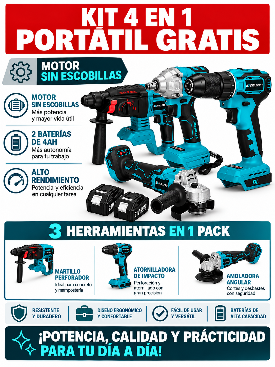 Kit de 4 Máquinas a Bateria - 2x Baterias 48v 4Ah